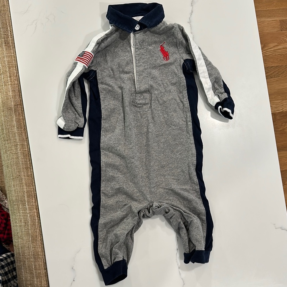 Ralph Lauren Gray and Navy Kids Footie with Red Logo